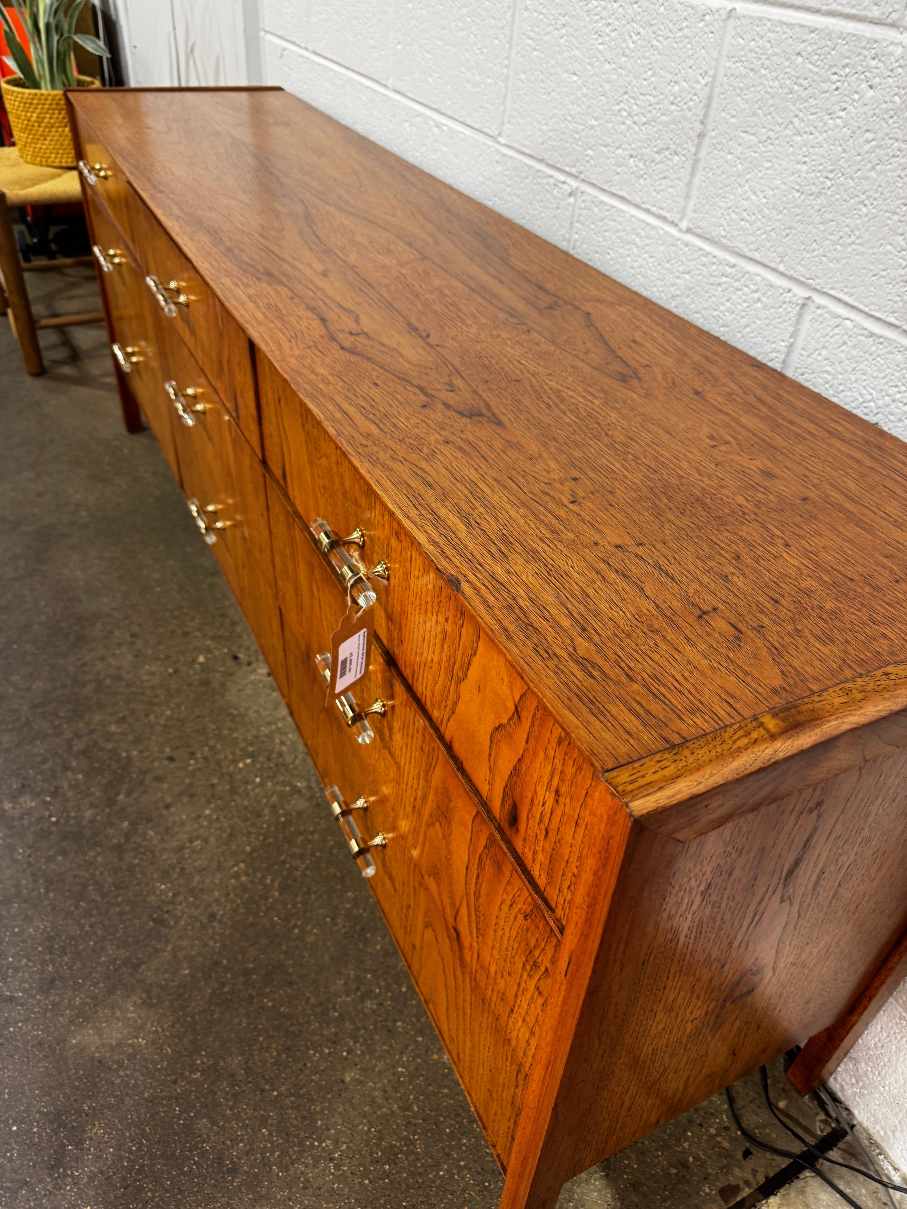Refinished MCM Dresser Pecan Wood, Updated glass hardware - Image 5