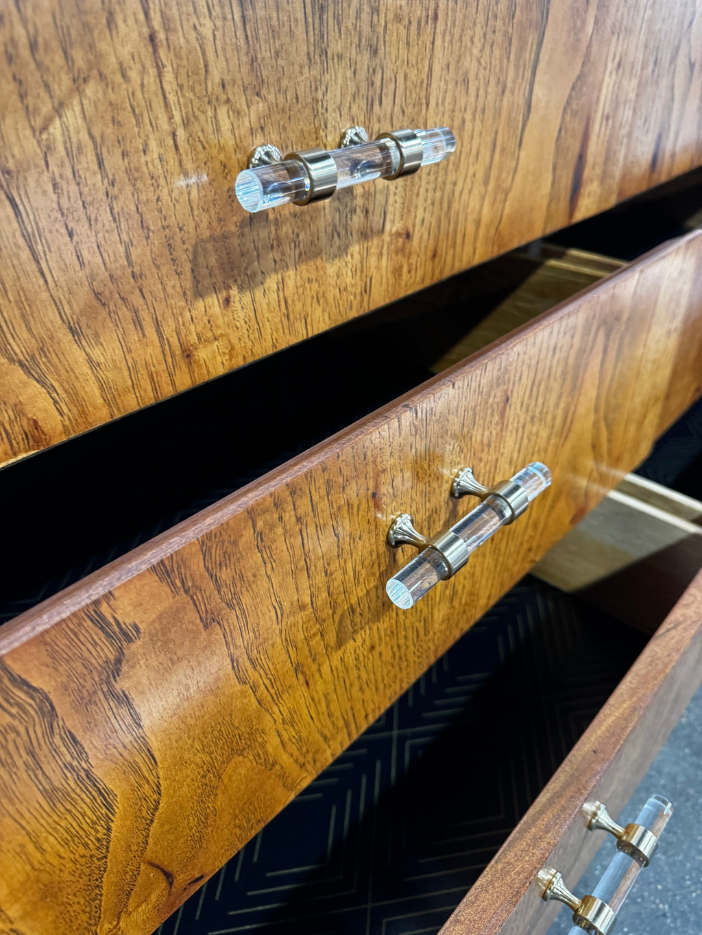 Refinished MCM Dresser Pecan Wood, Updated glass hardware - Image 6