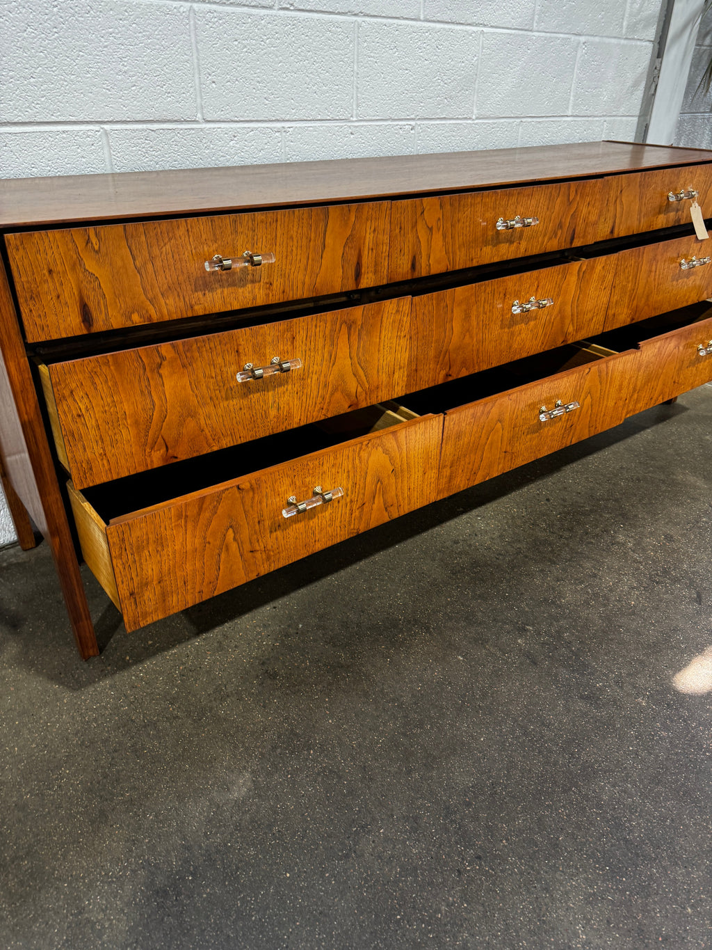 Refinished MCM Dresser Pecan Wood, Updated glass hardware - Image 8