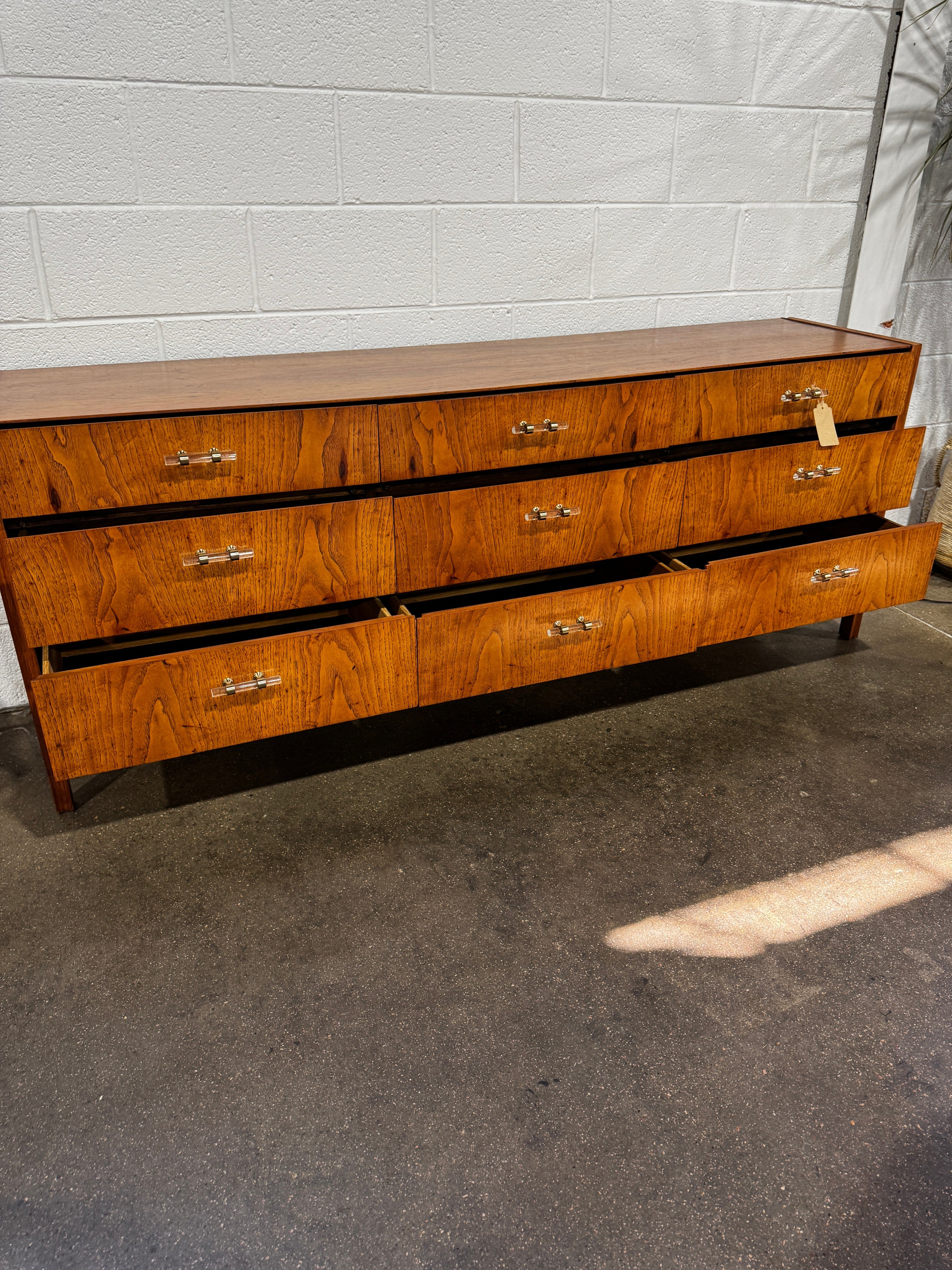 Refinished MCM Dresser Pecan Wood, Updated glass hardware - Image 7