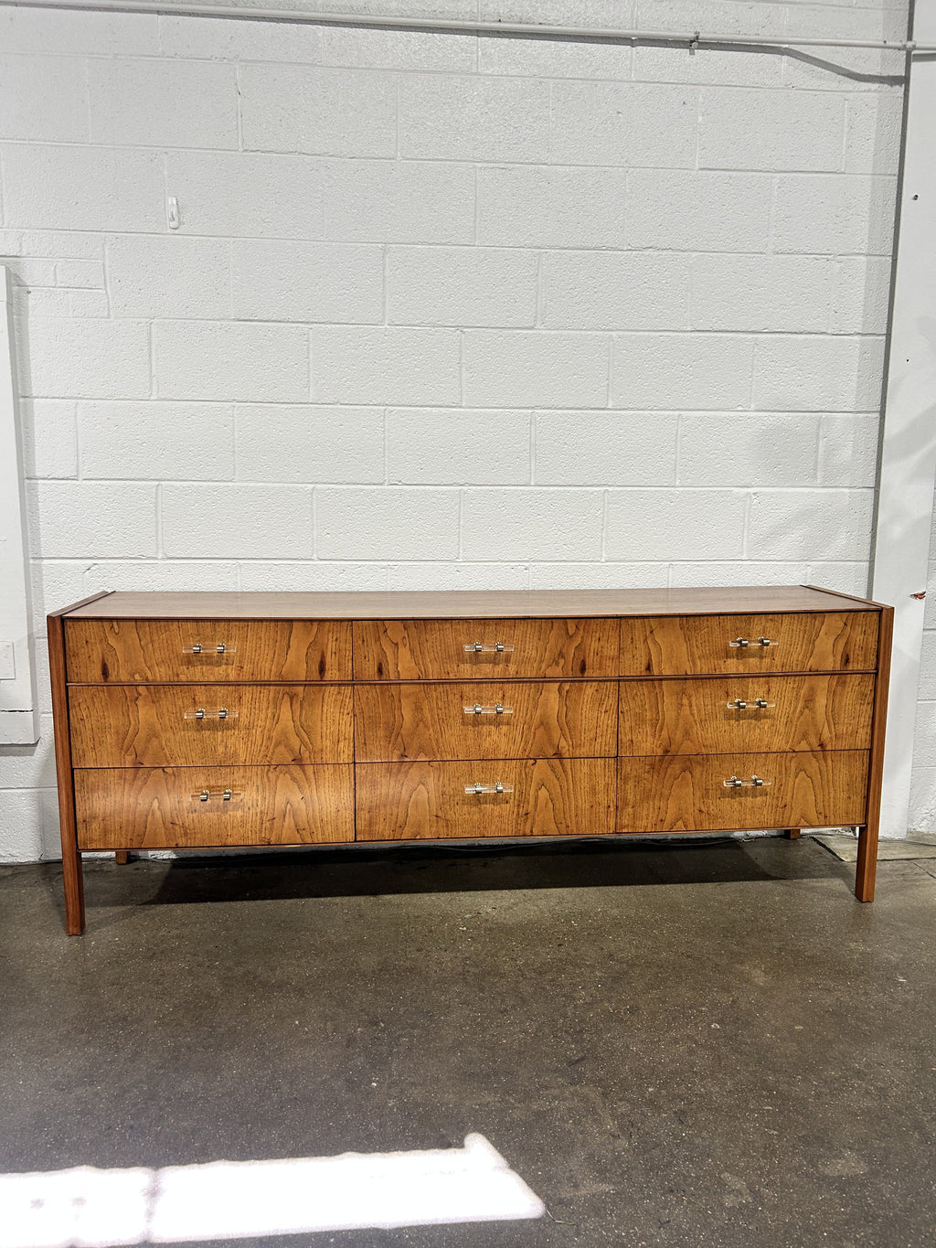 Refinished MCM Dresser Pecan Wood, Updated glass hardware - Image 2