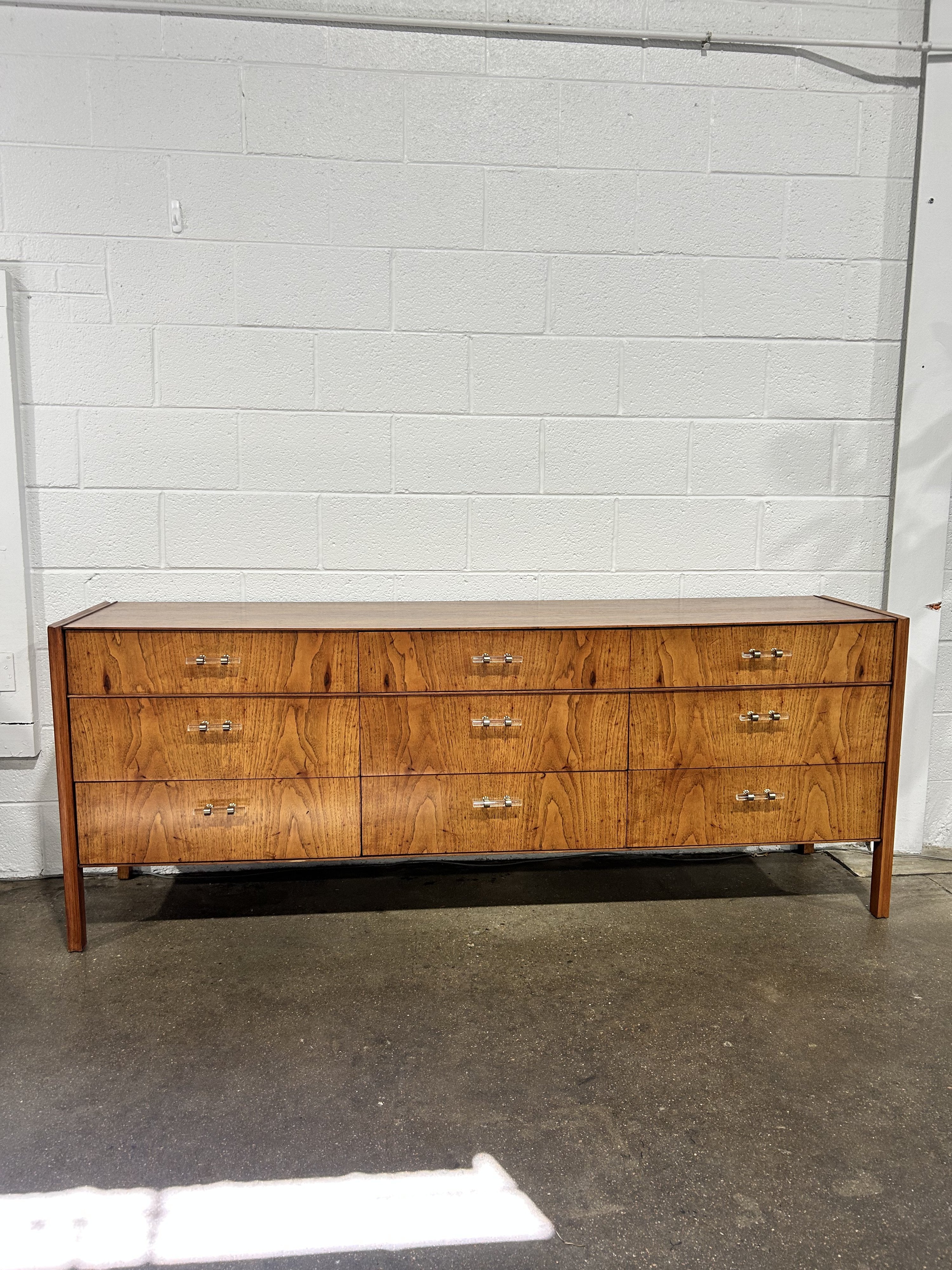 Refinished MCM Dresser Pecan Wood, Updated glass hardware - Image 2