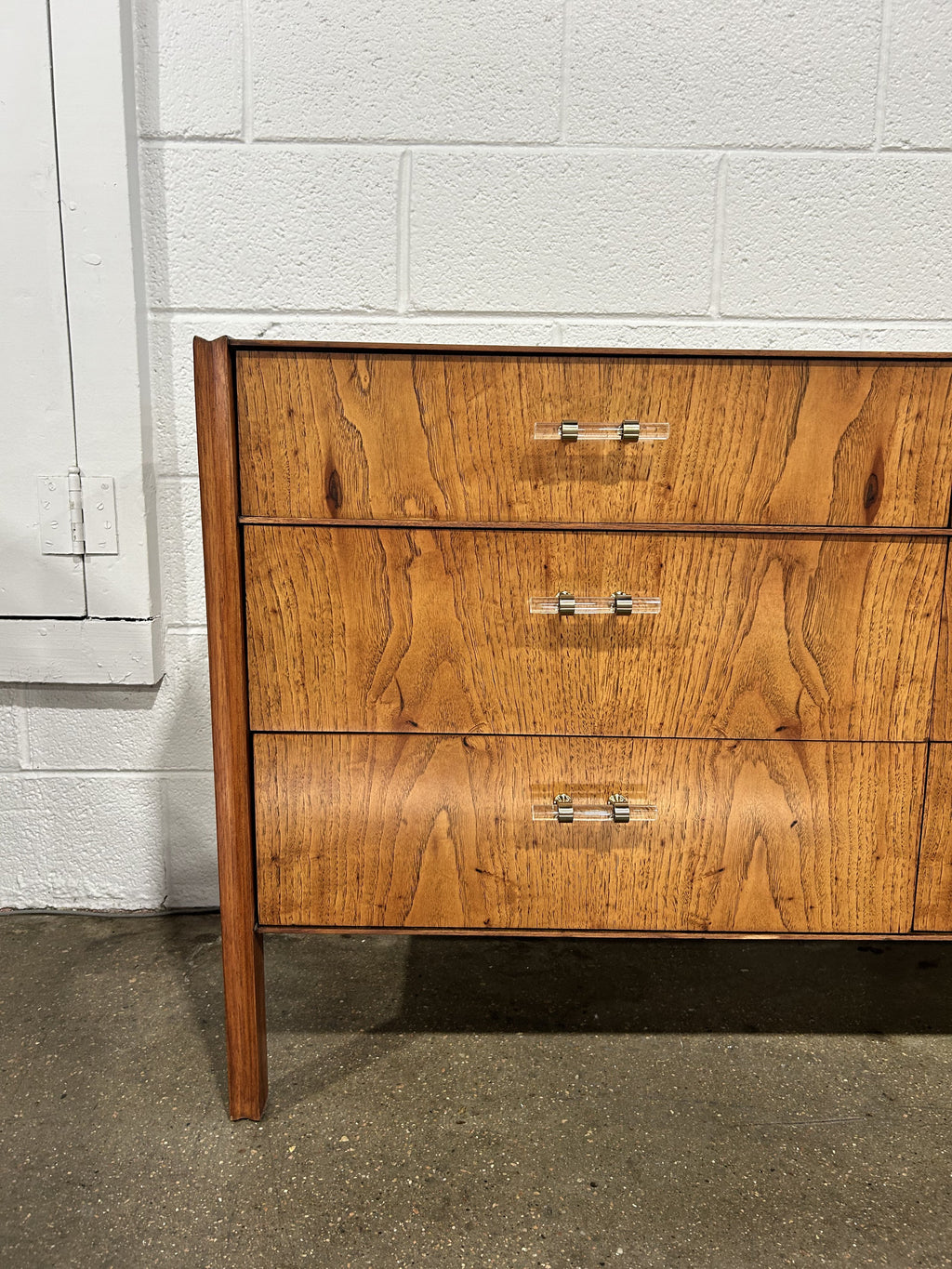 Refinished MCM Dresser Pecan Wood, Updated glass hardware - Image 3