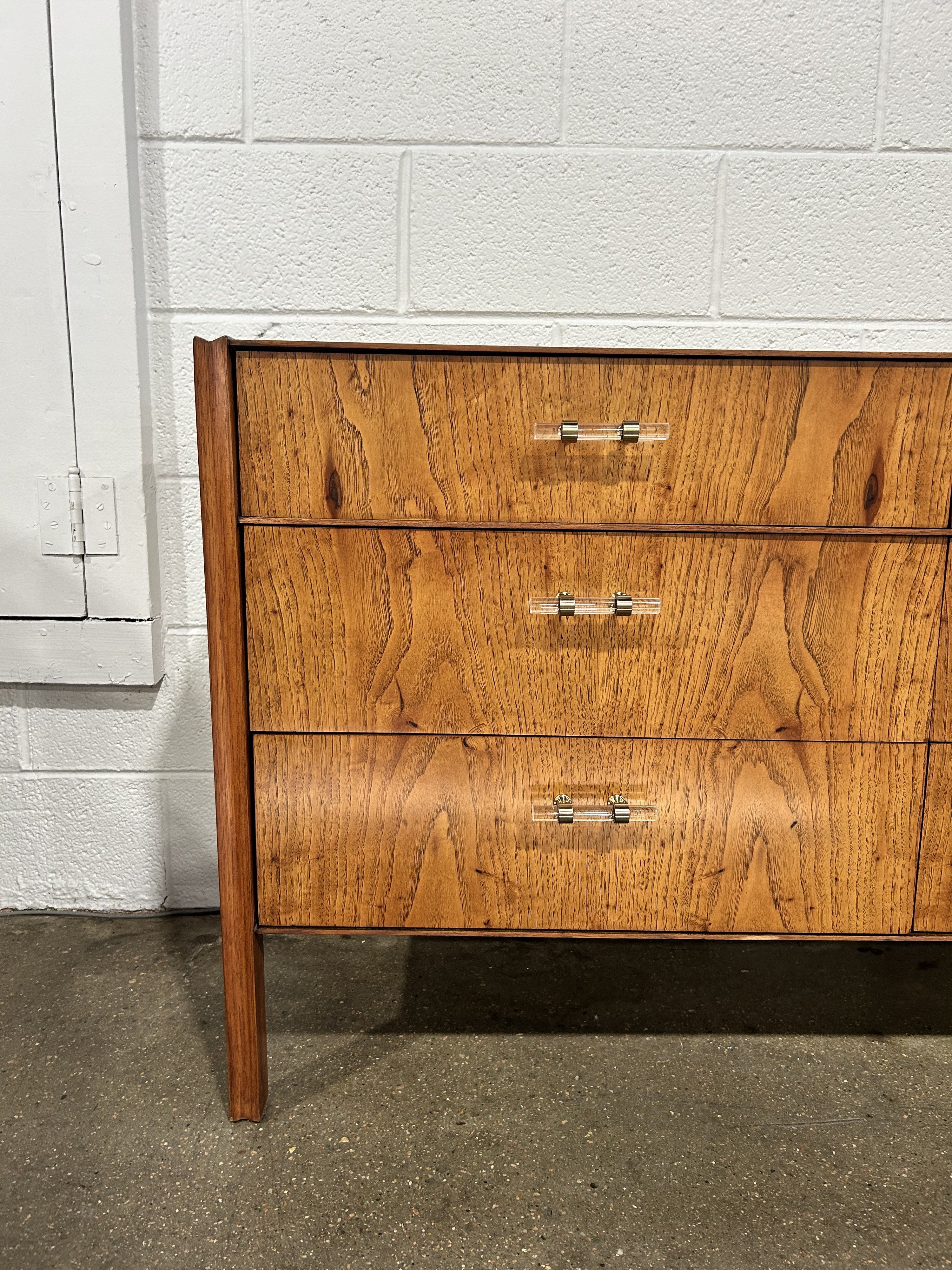 Refinished MCM Dresser Pecan Wood, Updated glass hardware - Image 3