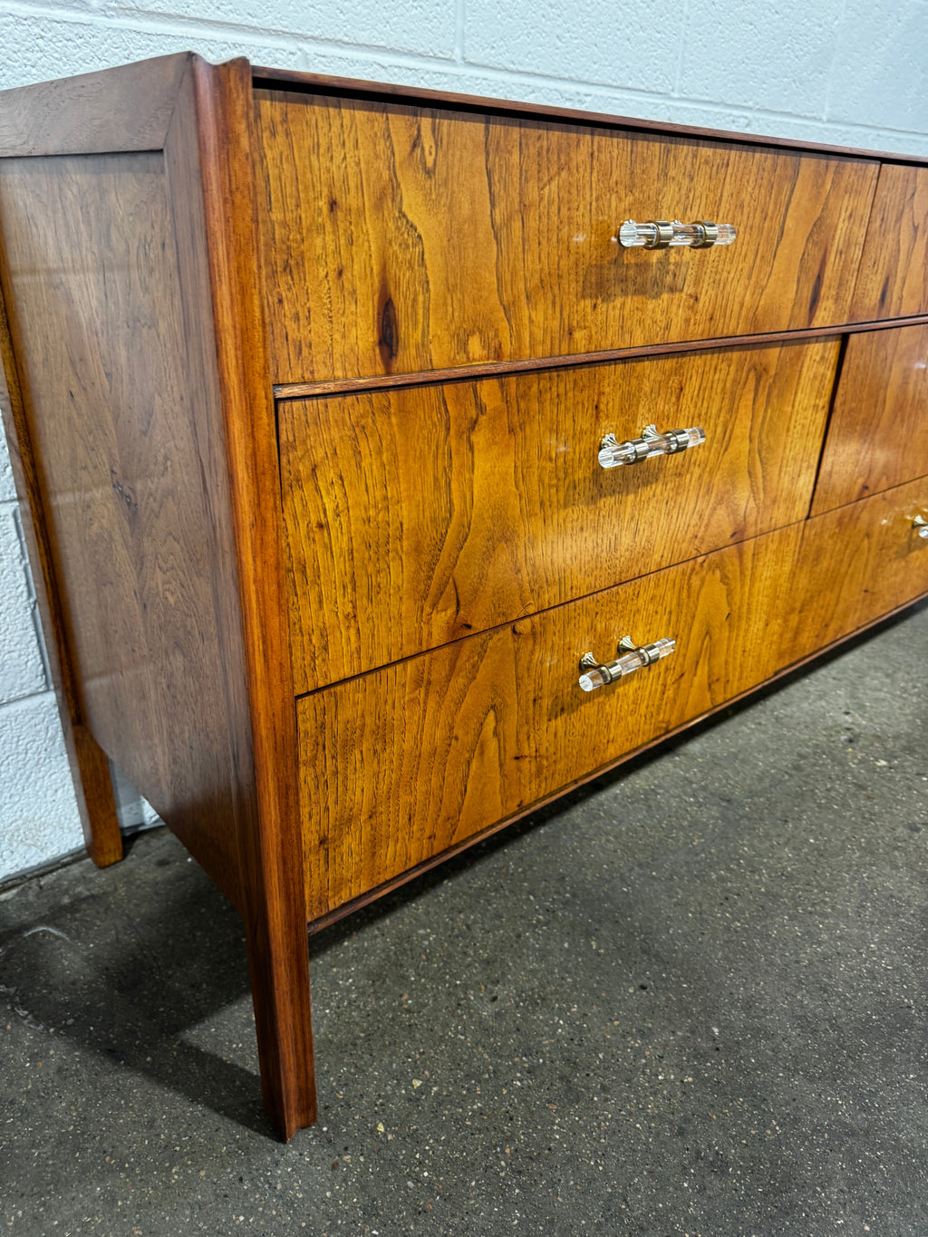 Refinished MCM Dresser Pecan Wood, Updated glass hardware - Image 9