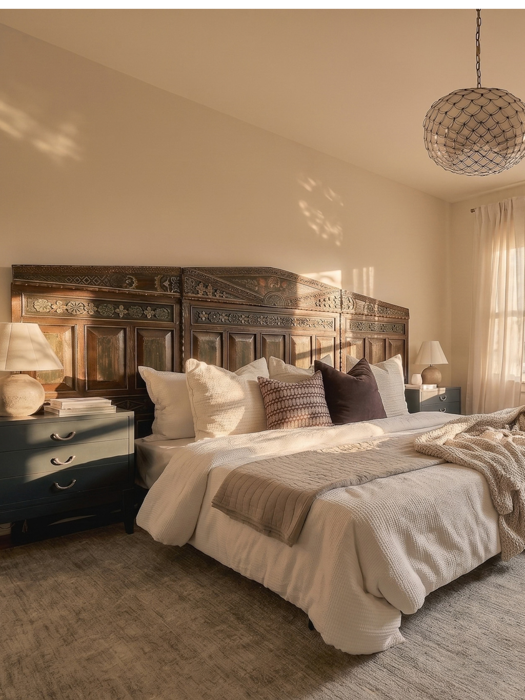 Carved Wooden Headboard Platform- King Bed