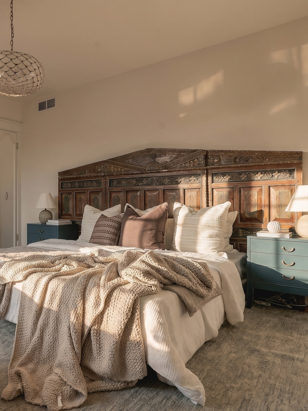 Carved Wooden Headboard Platform- King Bed